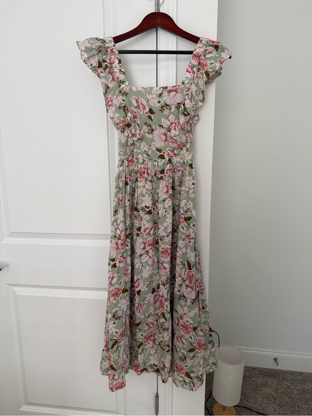 En Saison Sage Midi Dress with Pink Floral Ruffles